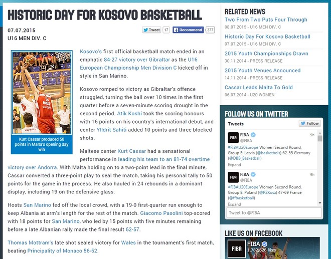 FIBA shënon historinë e Kosovës